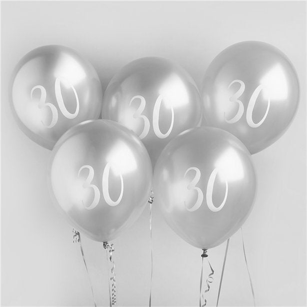 Silver 30th Milestone Balloons - 12" Latex (5pk)