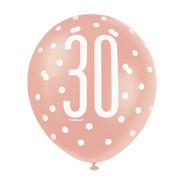 Rose Gold Glitz 30th Birthday Balloons - 12" Latex (6pk)
