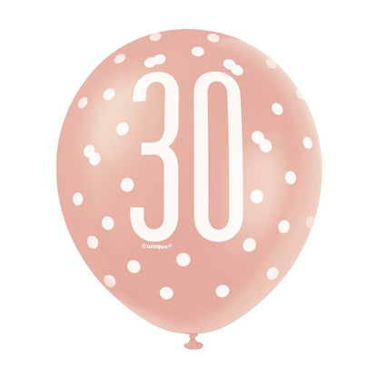 Rose Gold Glitz 30th Birthday Balloons - 12" Latex (6pk)