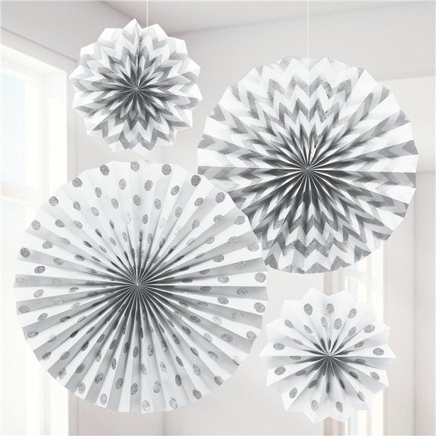 White Paper Glitter Fan Decorations (4pk)