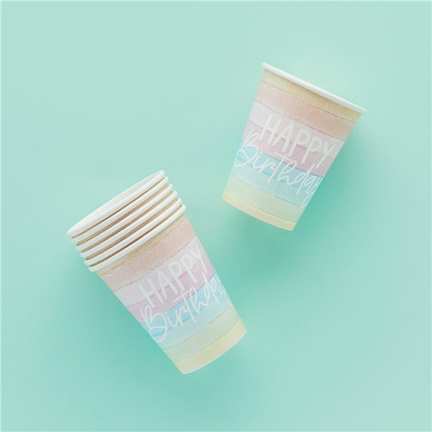 Eco Pastel Rainbow Happy Birthday Paper Cups (8pk) – product image 2