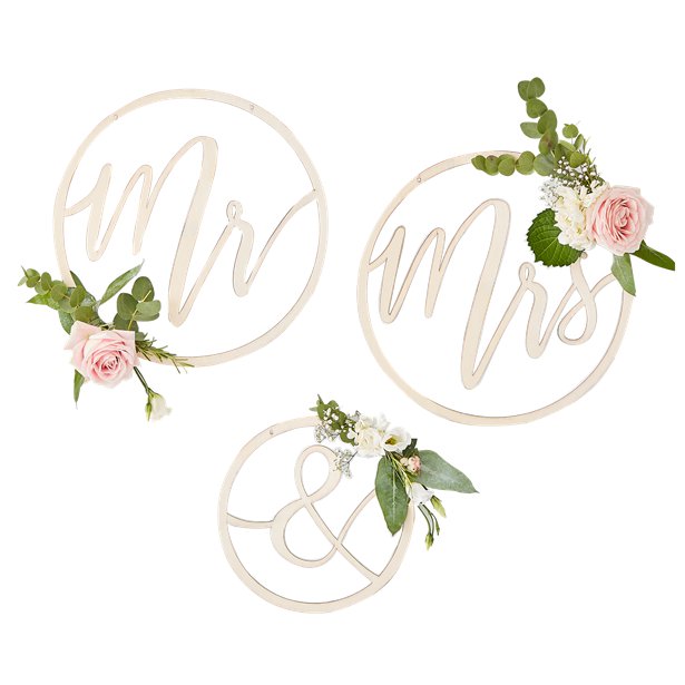 Gold Wedding Mr & Mrs Wooden Hoop Decorations - 35cm (3pk) – product image 1