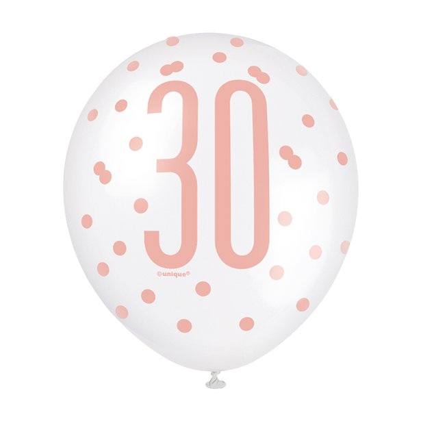 Rose Gold Glitz 30th Birthday Balloons - 12" Latex (6pk)