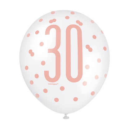 Rose Gold Glitz 30th Birthday Balloons - 12" Latex (6pk)