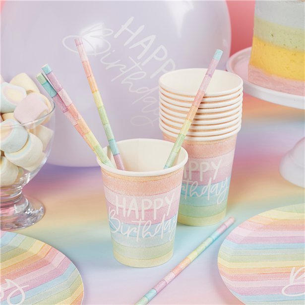 Eco Pastel Rainbow Happy Birthday Paper Cups (8pk) – product image 1