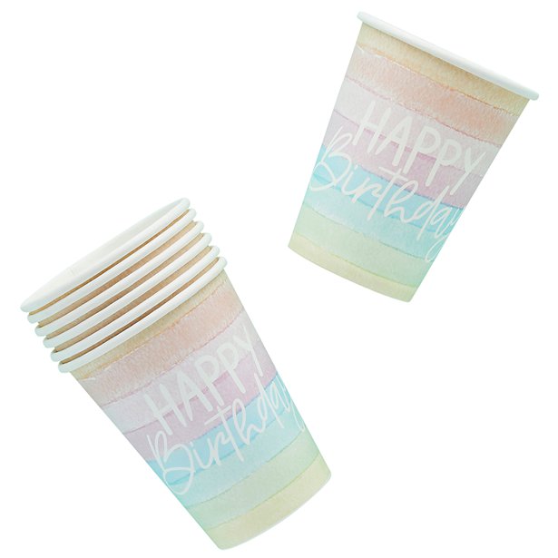 Eco Pastel Rainbow Happy Birthday Paper Cups (8pk) – product image 3