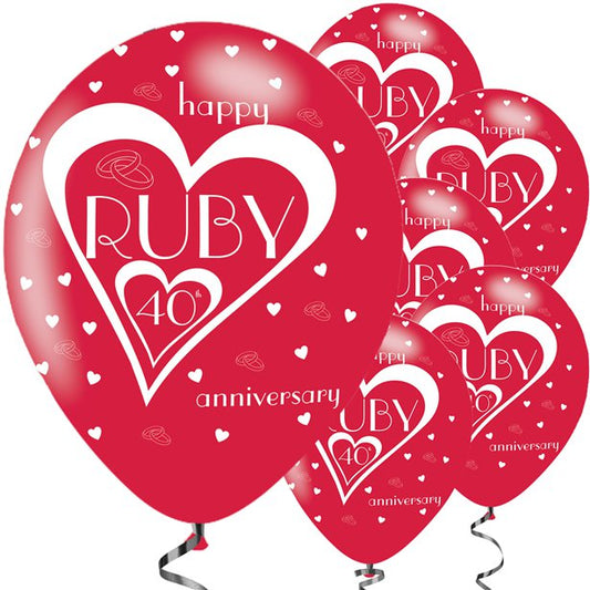 40th Ruby Wedding Anniversary Balloons - 11'' Latex (6pk)