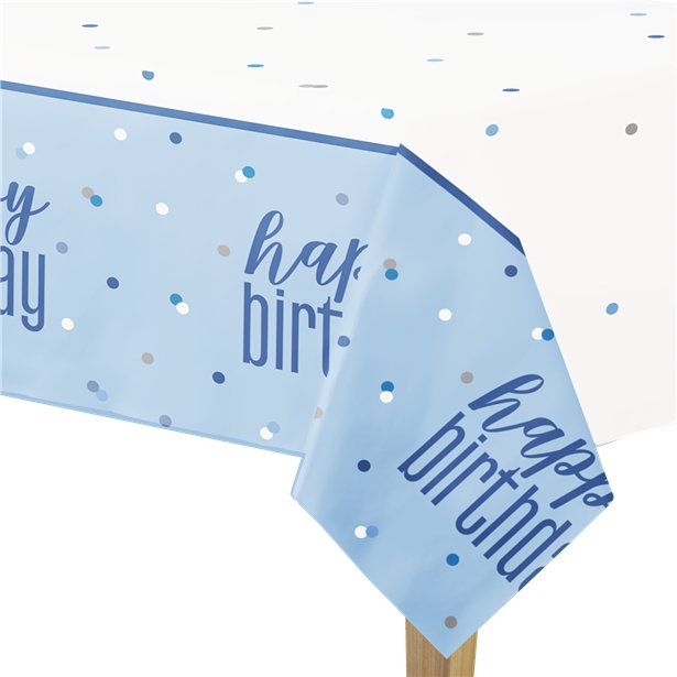 Blue 'Happy Birthday' Plastic Table Cover - 1.37m x 2.1m