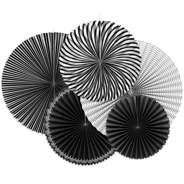 Black & White Paper Fan Decorations - 40cm (5pk)