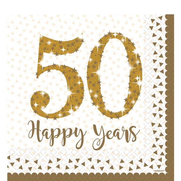 50th Gold Sparkling Wedding Anniversary Napkins - 33cm (16pk) – product image 1