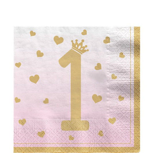1st Birthday Pink Paper Napkins - 33cm (16pk)