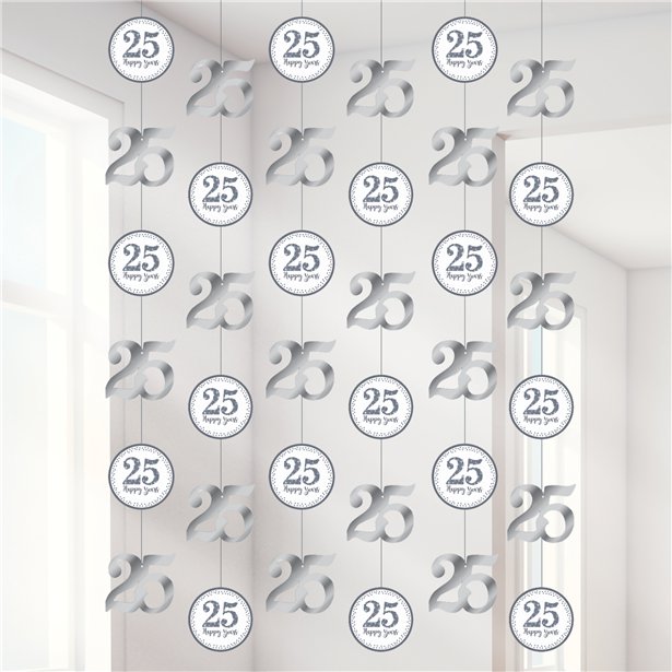 25th Silver Sparkling Wedding Anniversary String Decoration (6pk)