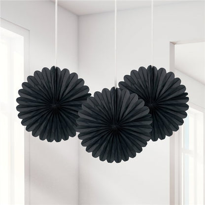 Black Mini Paper Fan Decorations - 15cm (3pk)