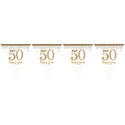 50th Gold Sparkling Wedding Anniversary Plastic Flag Bunting - 4m