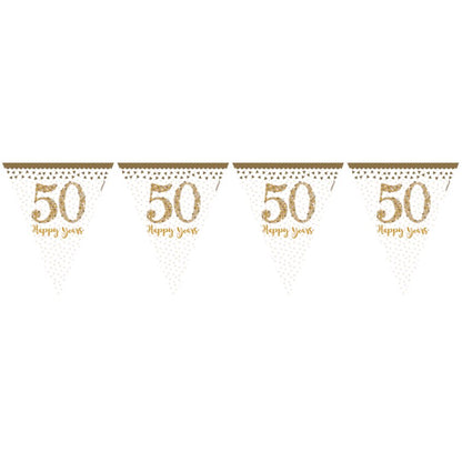 50th Gold Sparkling Wedding Anniversary Plastic Flag Bunting - 4m