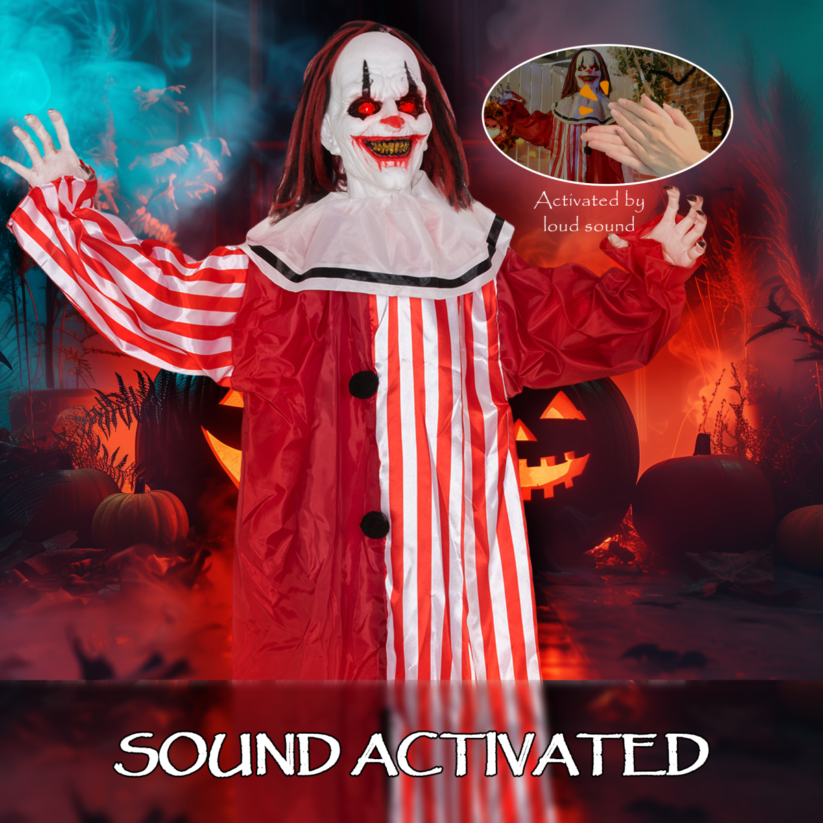 Outsunny Sound Activated Halloween Animatronics Clown with Red Light Up Eyes – product image 5