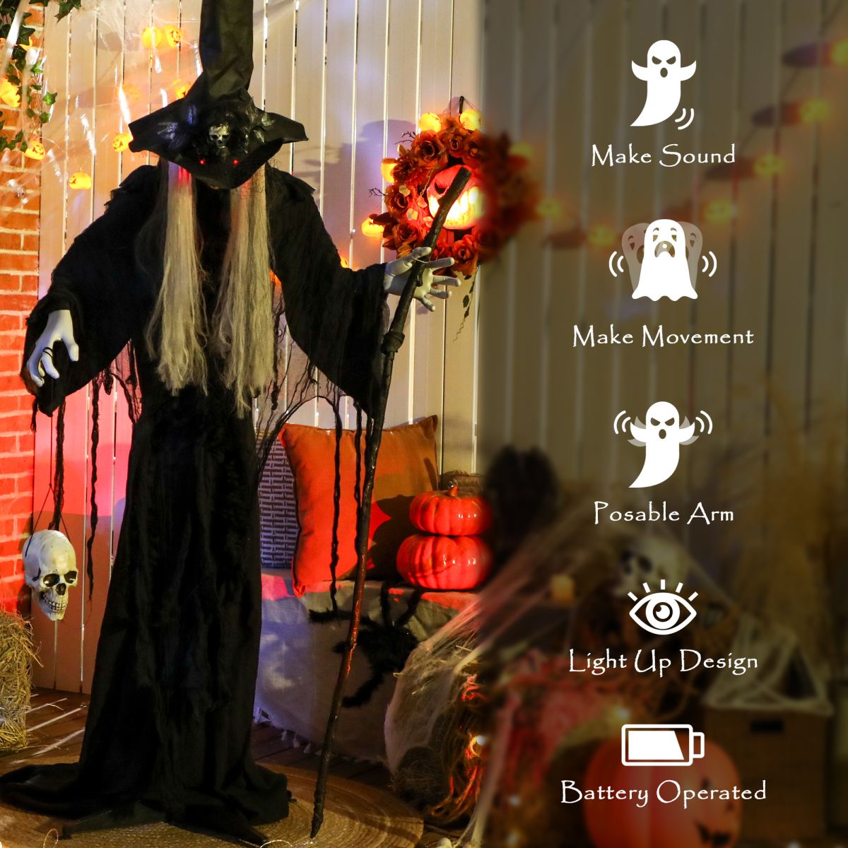 Outsunny Voice Activated Halloween Animatronics Standing Witch, Black