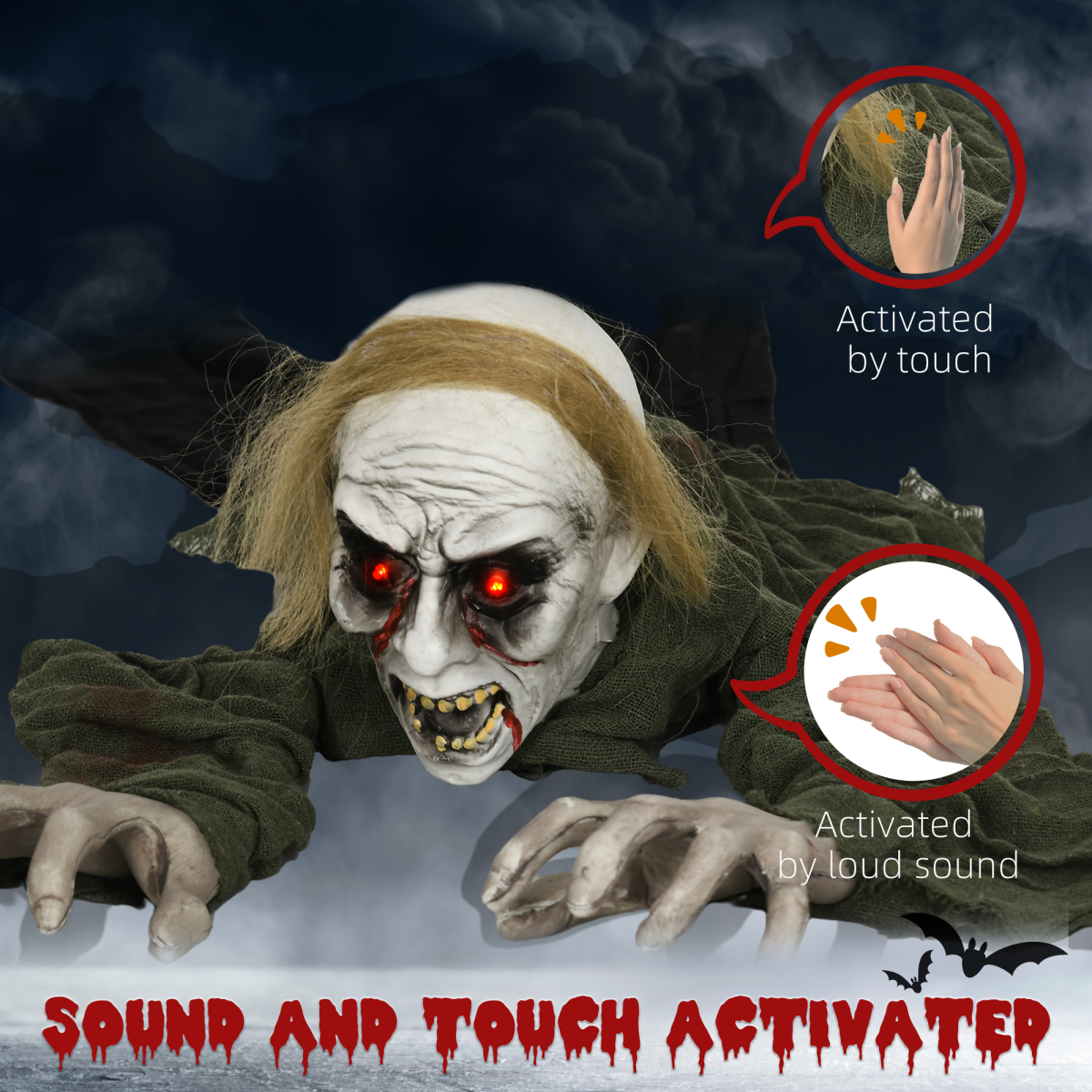 HOMCOM 167 cm Halloween Outdoor Decoration Crawling Zombie, Sound Activated