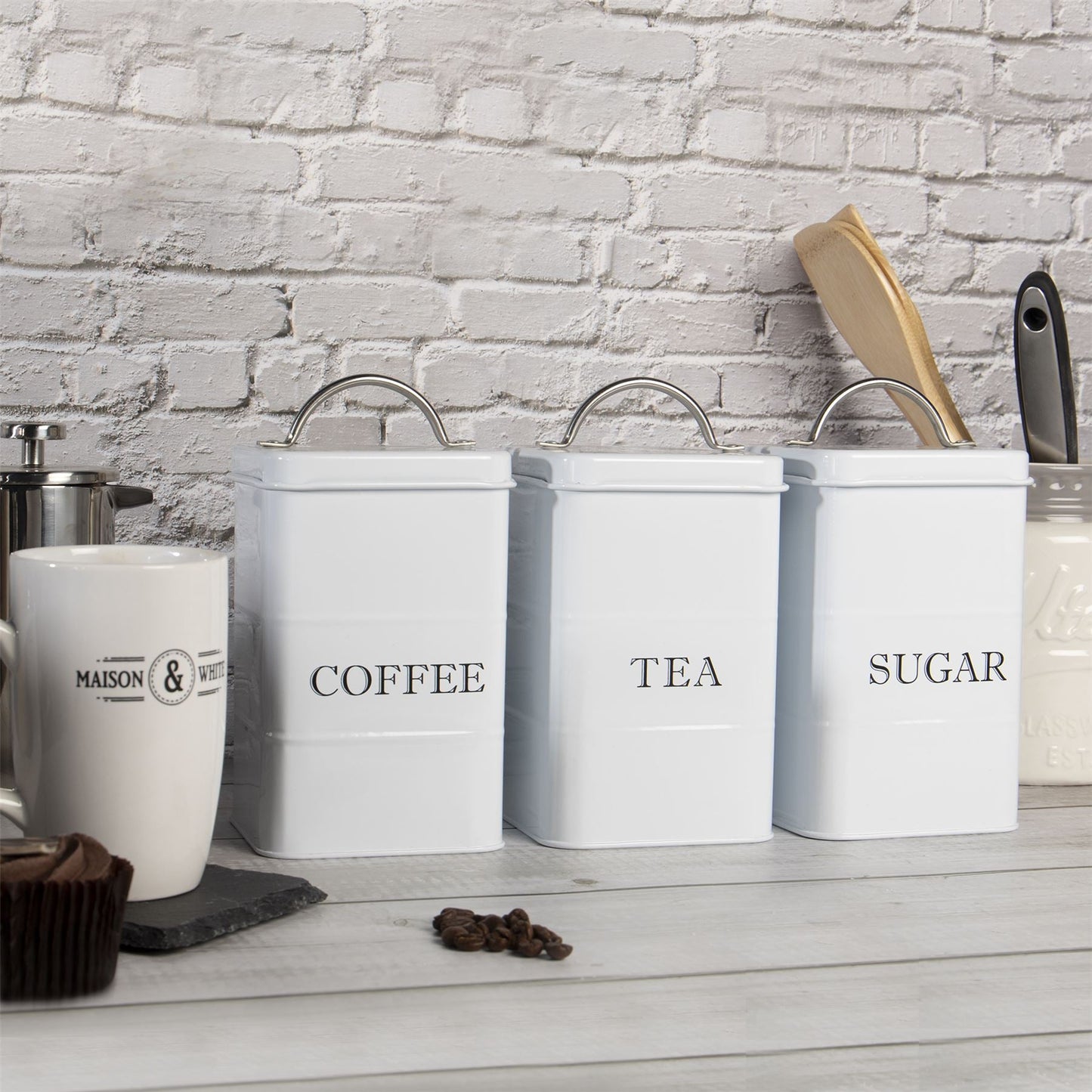 Stainless Steel Tea, Coffee & Sugar Canisters White | M&W	