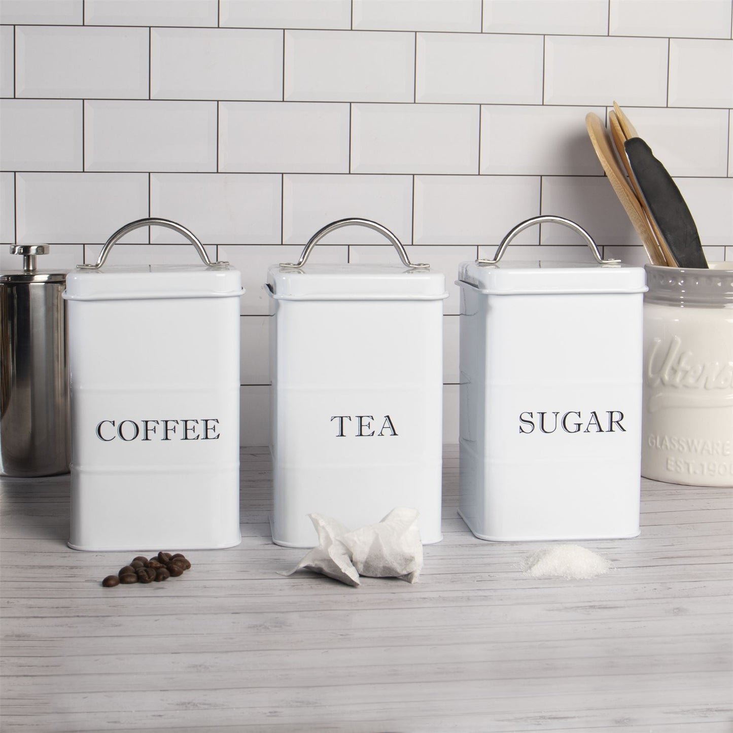 Stainless Steel Tea, Coffee & Sugar Canisters White | M&W	