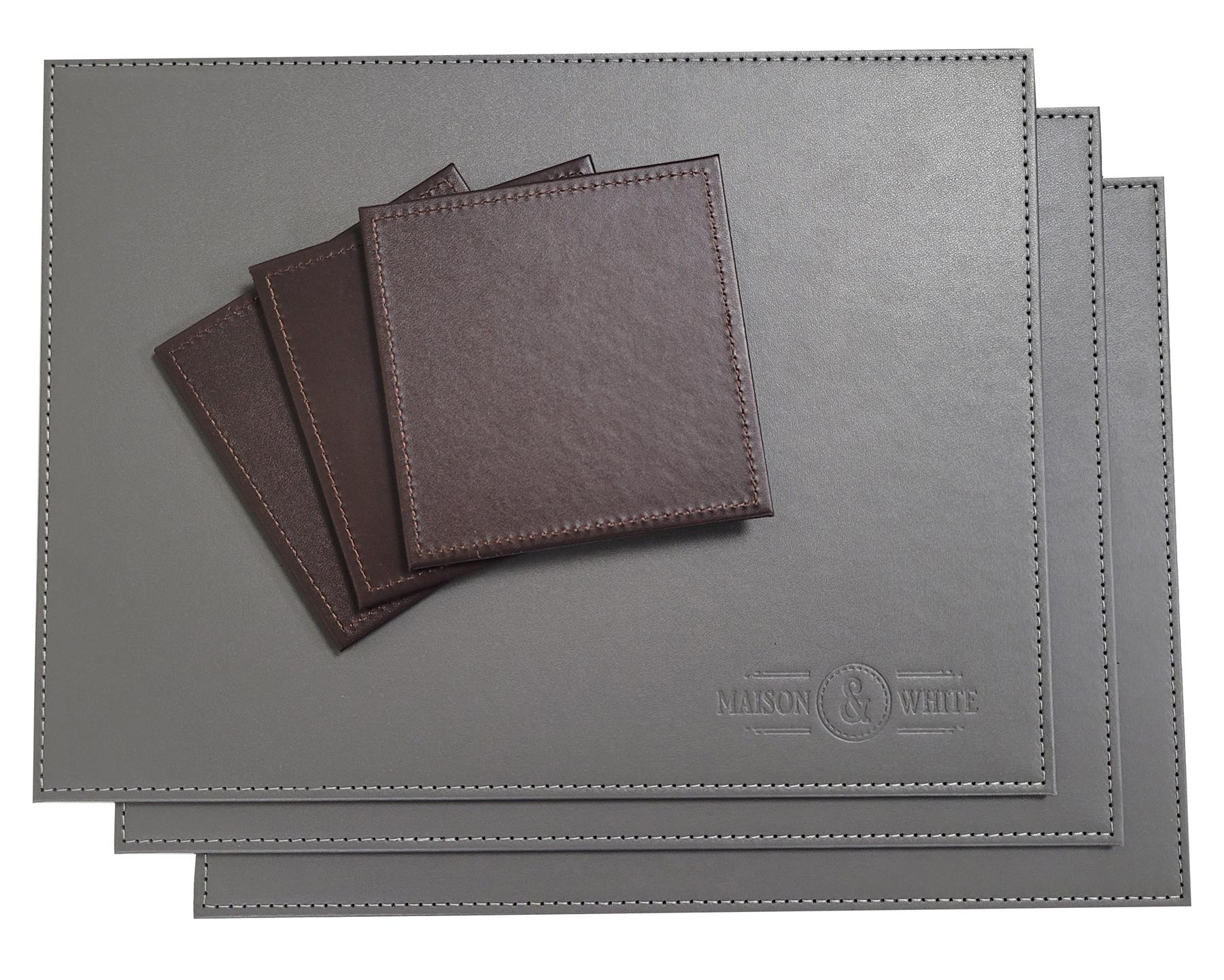 Faux Leather Placemats & Coaster Table Set Grey - 12 Piece | M&W	