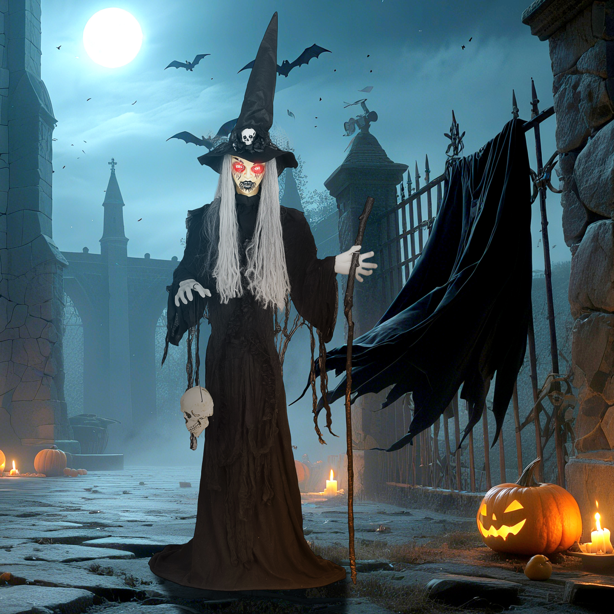 Outsunny Voice Activated Halloween Animatronics Standing Witch, Black