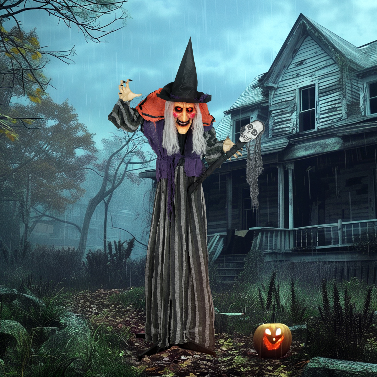 Outsunny Voice Activated Halloween Animatronics Standing Witch & Skull Staff