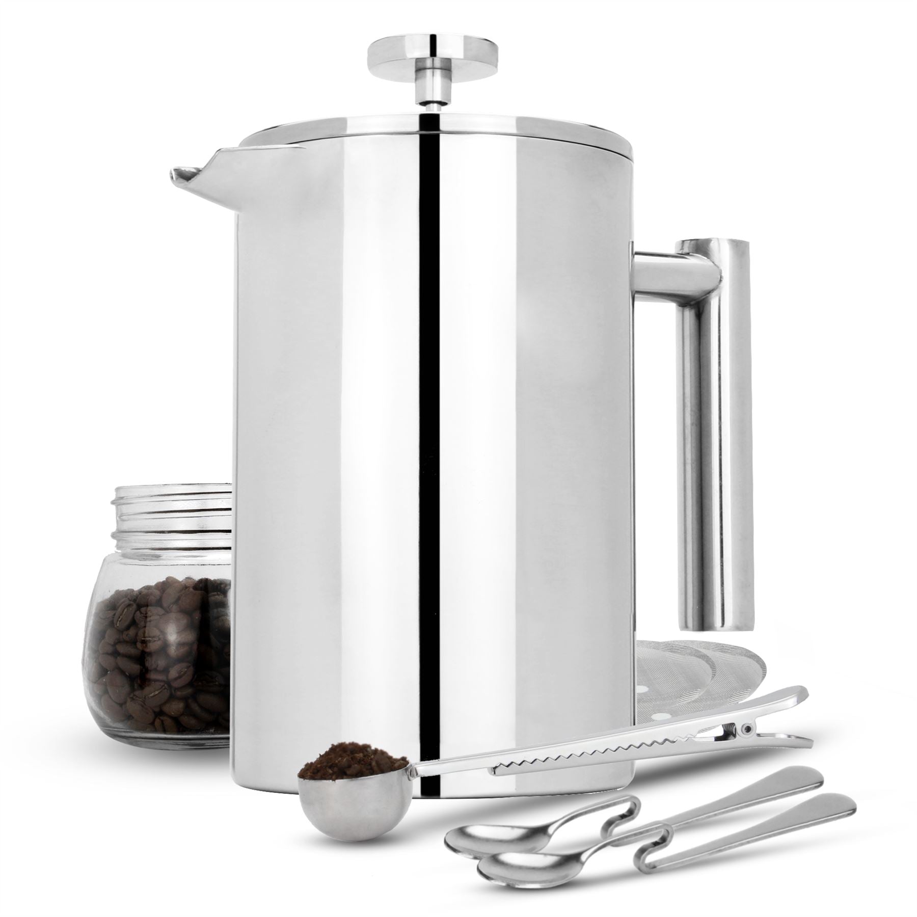 French Press Cafetiere Steel Coffee Maker FREE Filters & Spoons 1500ml | M&W	