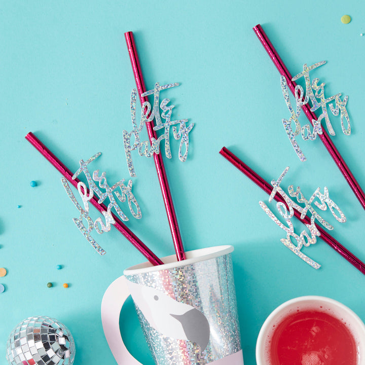 Hot Pink Foiled Lets Party Paper Straws