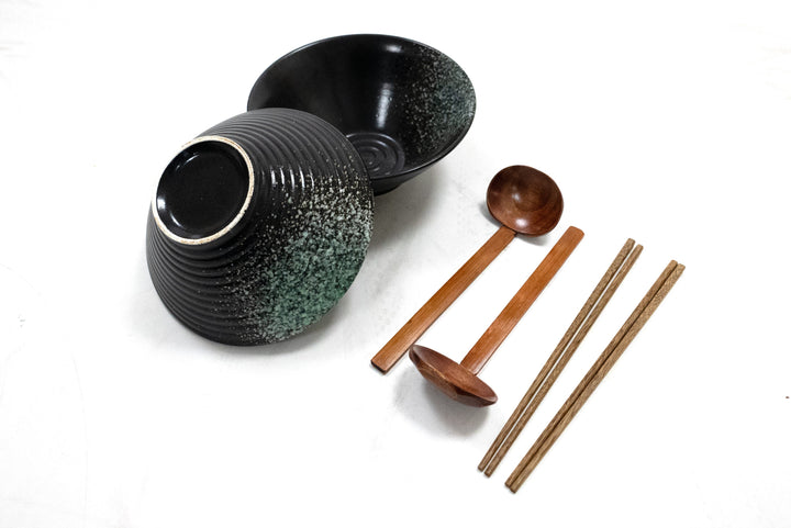 Ramen Bowl Set of 2 Includes Chopsticks & Spoons Green | M&W	