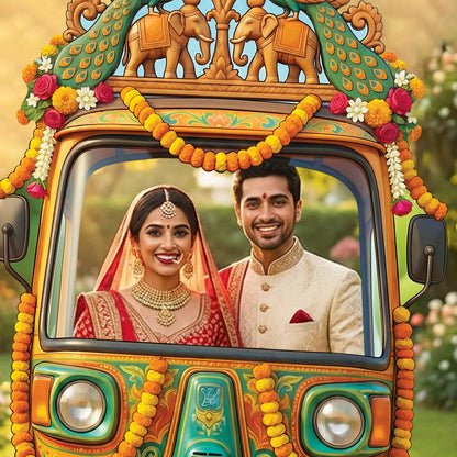 SC4886 Wedding Tuk Tuk / Auto Rickshaw Backdrop Cardboard Cutout Stand In