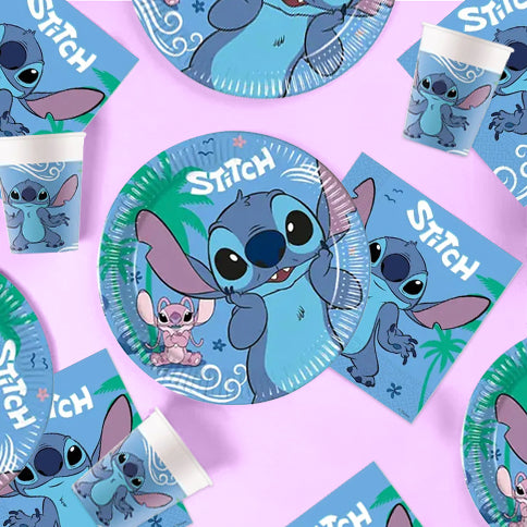 Stitch party supplies arranged in a styled party setting.
