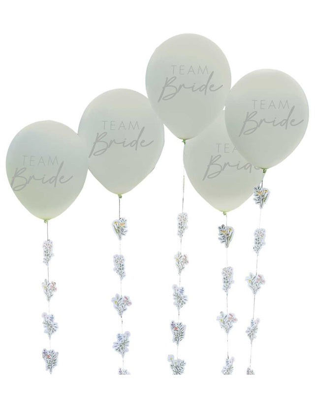 Bridal Bloom 'Team Bride' Balloons with Floral Tails - 12" Latex (5pk)