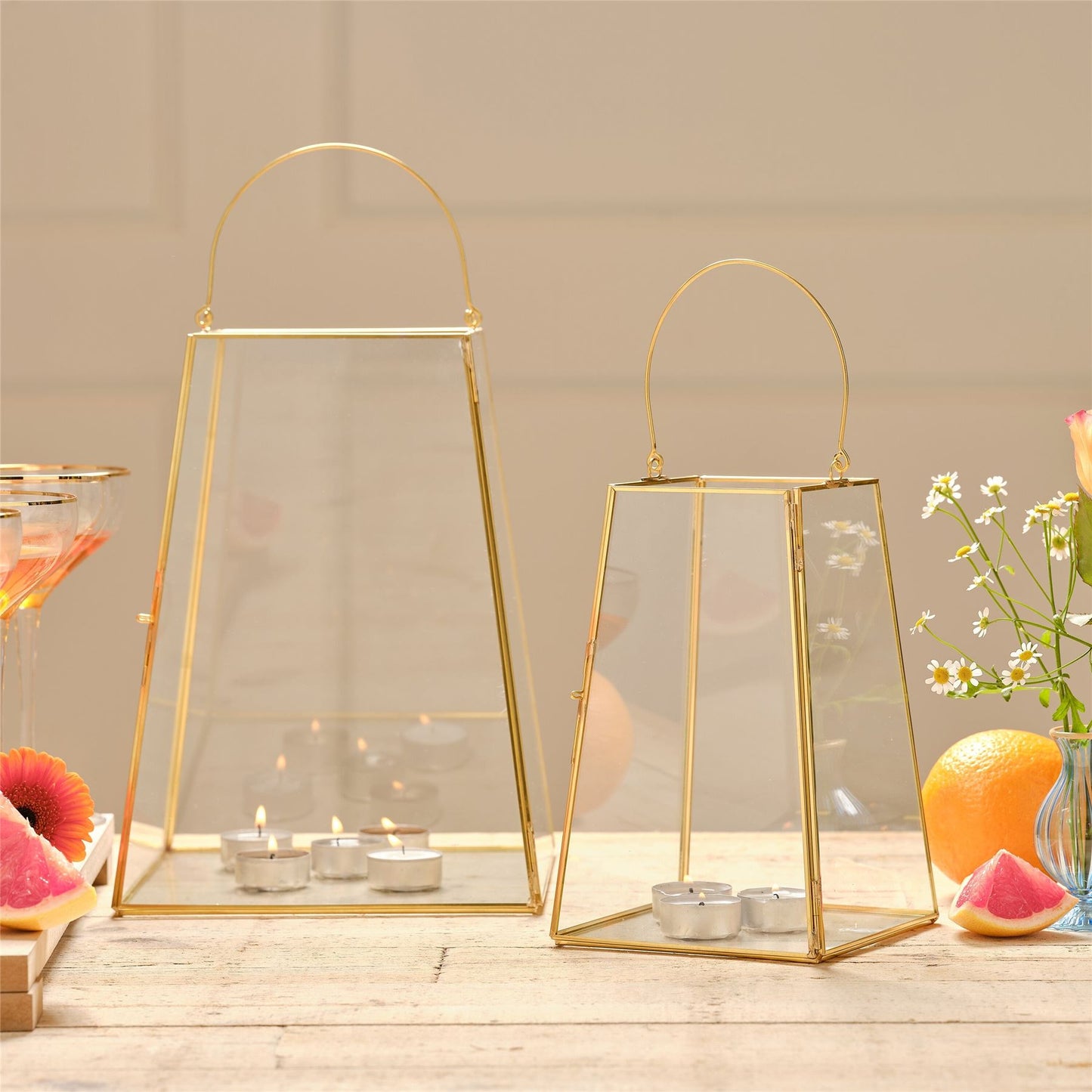 Candle Holder - 2 Gold Rimmed Hurricane Glass Candle Holder