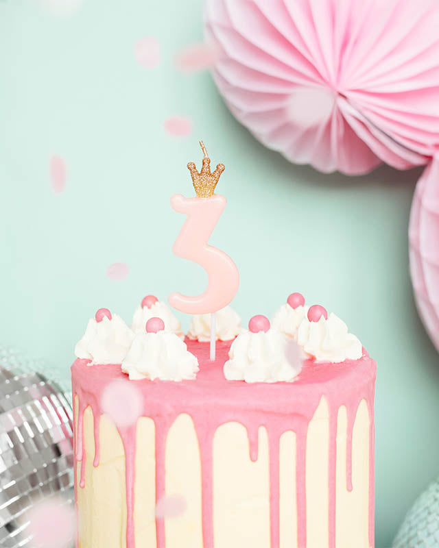 Light Pink Number 3 Candle with Crown - 9.5cm