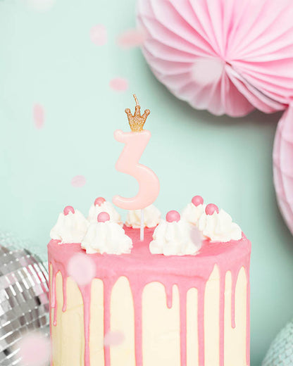 Light Pink Number 3 Candle with Crown - 9.5cm