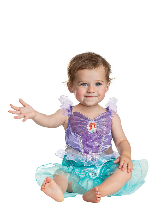Baby wearing the Disney Princess Ariel costume, seated front view.