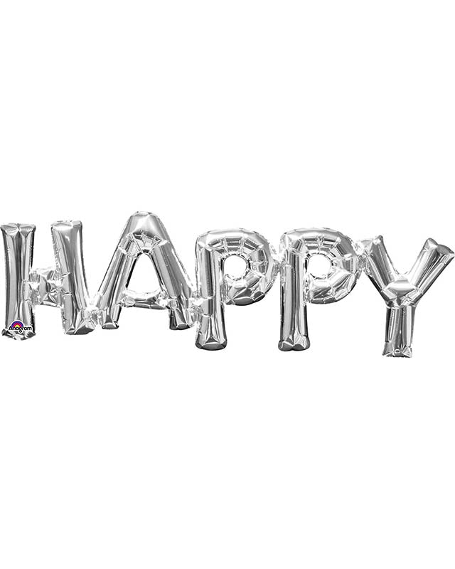 Silver 'HAPPY' Phrase Foil Balloon - 30" x 10"