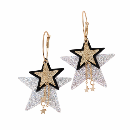 Gold & Silver Glitter Star Drop Earrings