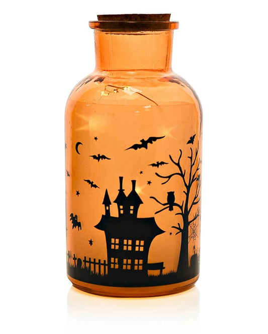 Orange LED Light Up Spooky House Jar - 20cm x 10cm