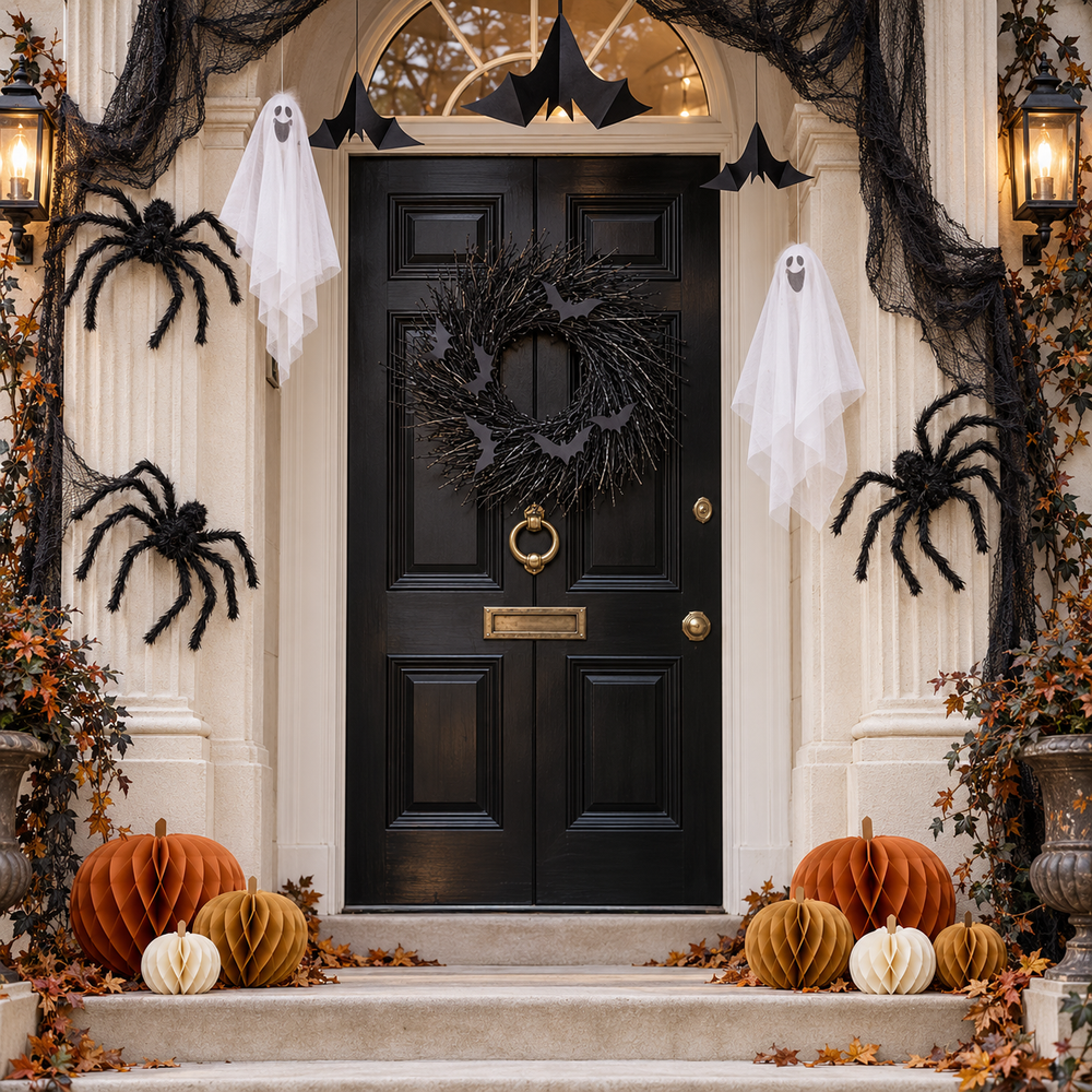 A black front door styled with Halloween decorations and pumpkins.