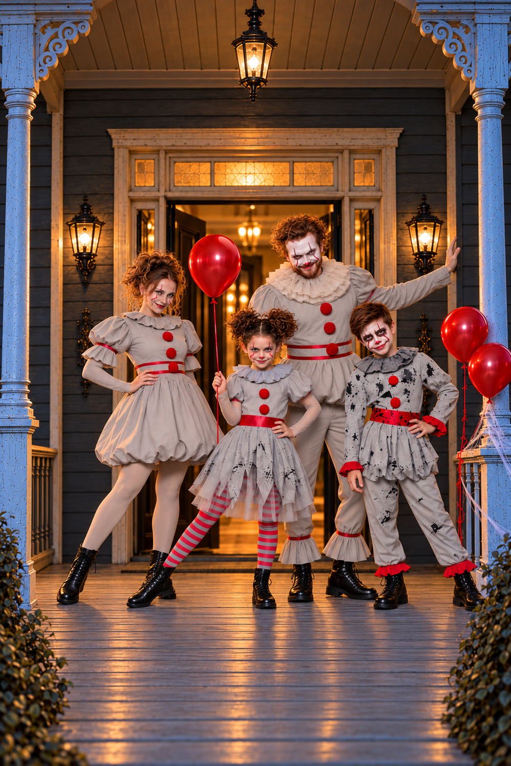 A family in Halloween costumes outside a decorated haunted house.