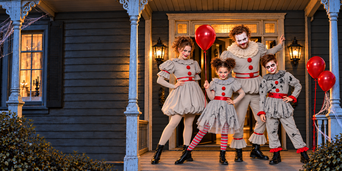 Family of four posing in grey and red Halloween clown costumes on an amber-lit porch. The girl holds a red balloon and extends one leg with her toe pointed.