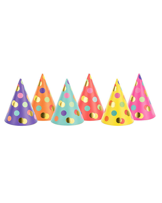 Colourful Party Hats with Gold Dots (6pk)