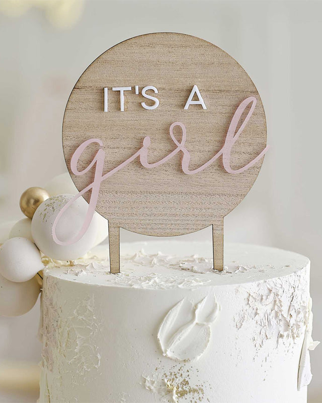 Teddy Bear 'It's a Girl' Wooden Baby Shower Cake Topper - 17.8cm x 12cm