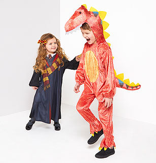 Children wearing a wizard costume and a red dragon costume.