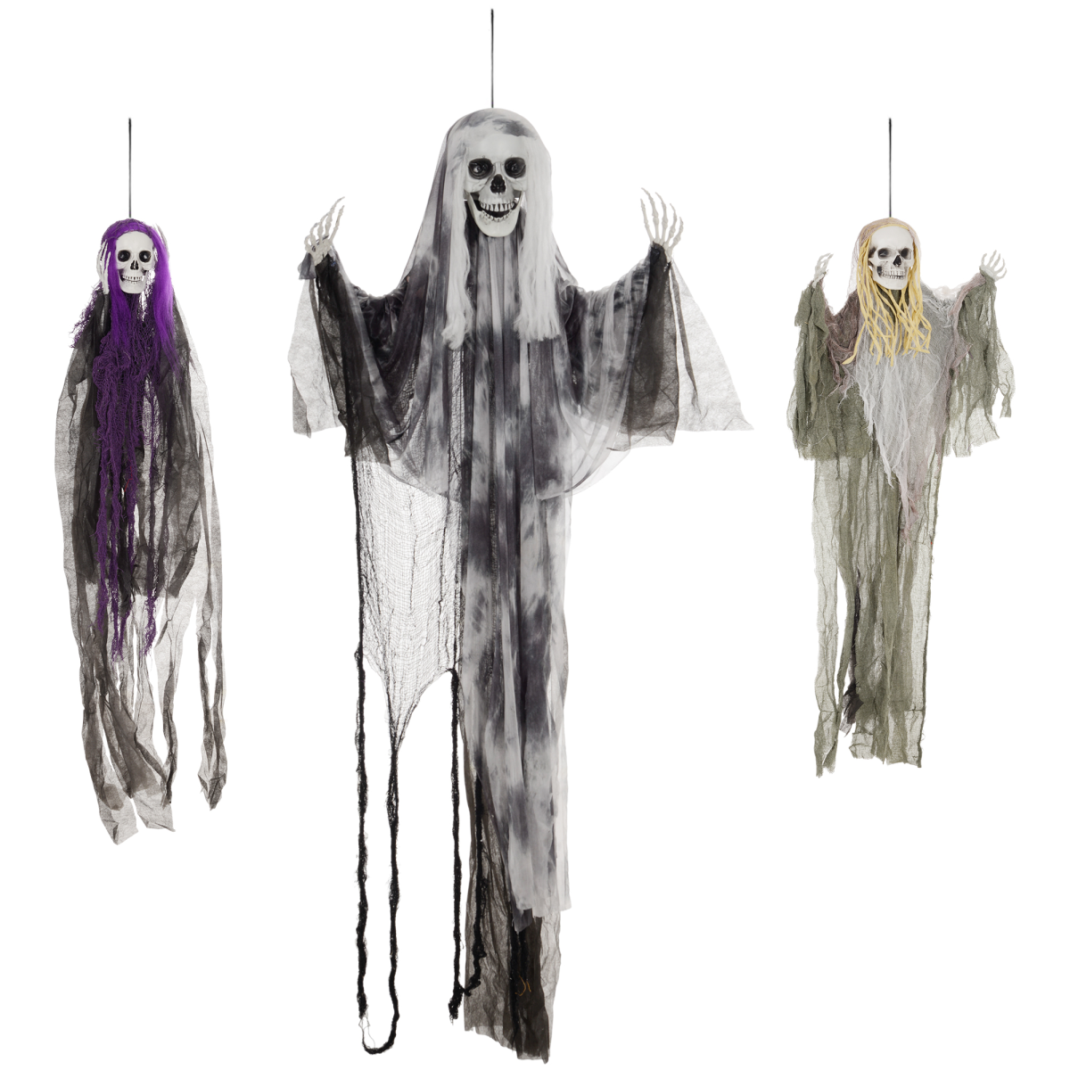 HOMCOM Set of 3 Hanging Skeleton, Flying Ghost Halloween Decorations