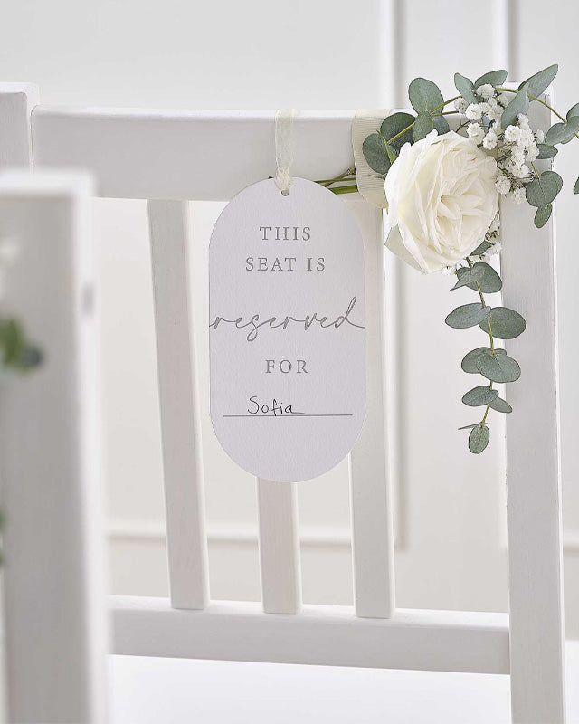 White Reserved Wedding Chair Signs with Ribbon - 17cm x 8.7cm (10pk)