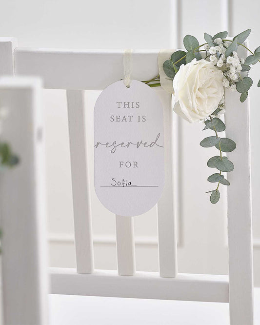 White Reserved Wedding Chair Signs with Ribbon - 17cm x 8.7cm (10pk)
