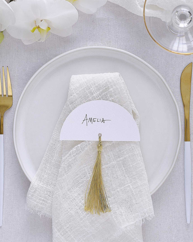 White with Gold Tassels Wedding Paper Place Cards - 3.3cm x 6.5cm (6pk)
